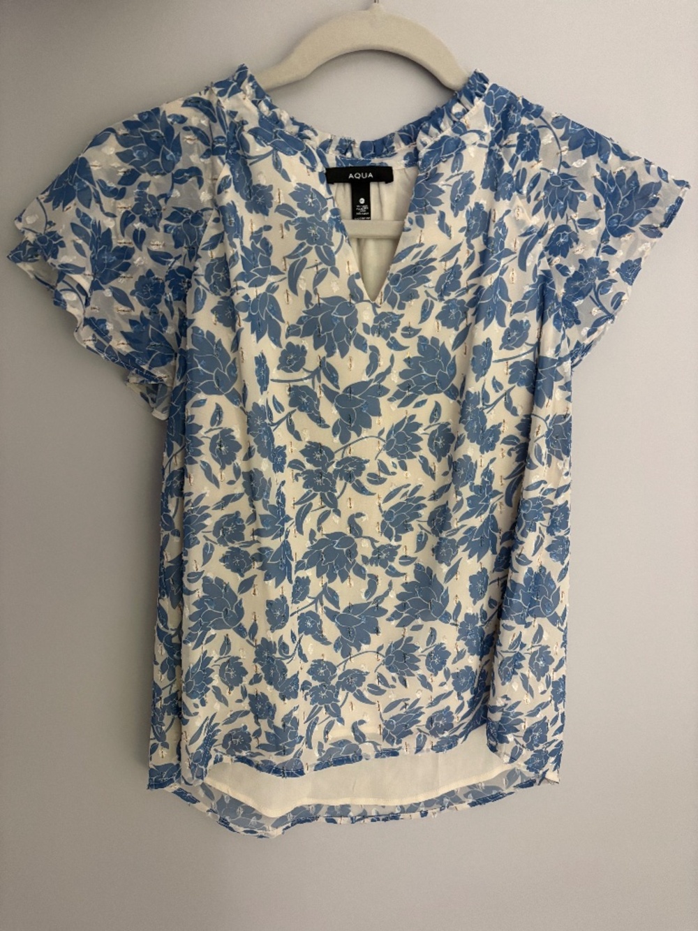 Aqua blue and white floral blouse